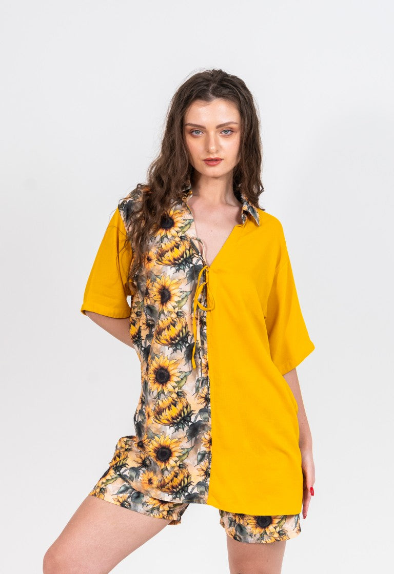 Half plain and half sunflower shirt with sunflower shorts women's coord set