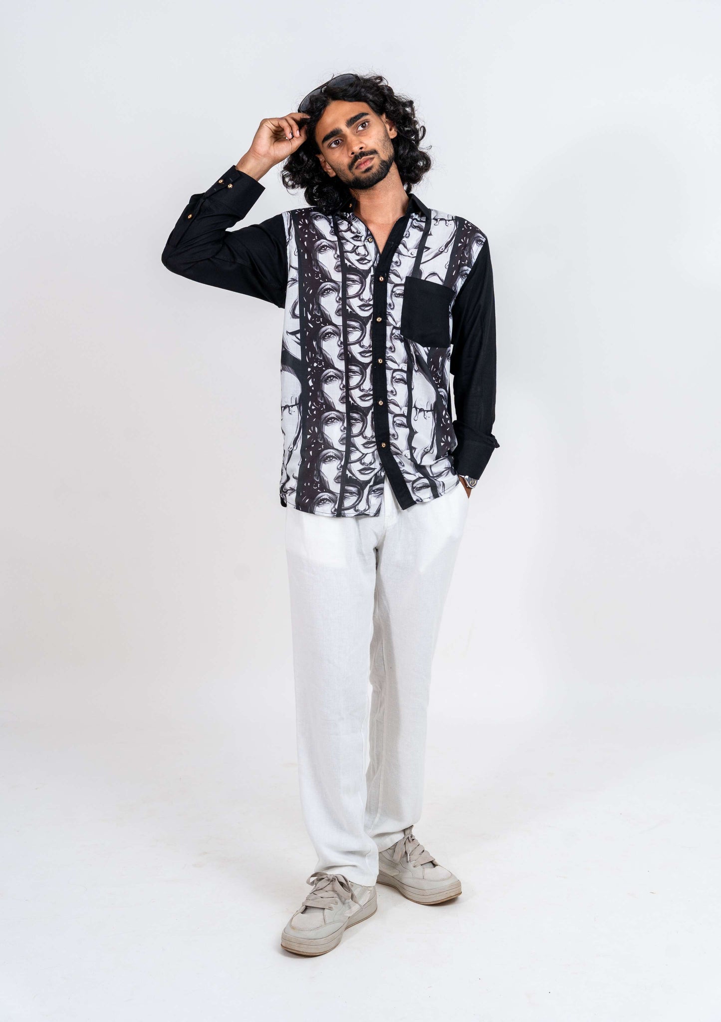 Super strips women variation 3 black and white printed shirt with black pocket, normal collar and soft cuff full sleeved shirt