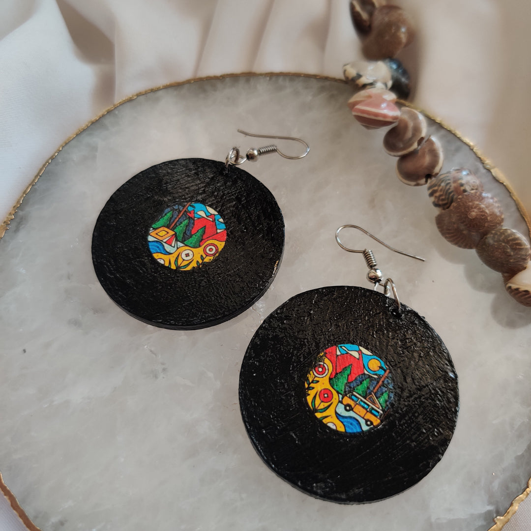 Vinyl Record with Artsy Scenery Earrings