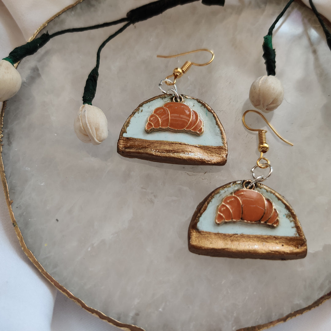 Handmade Croissants on a Tray earrings.