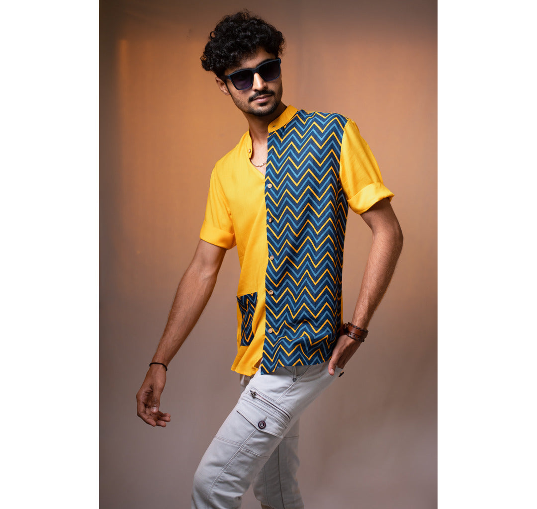 Yellow and blue half and half zig zag print with patch pocket short sleeve shirt