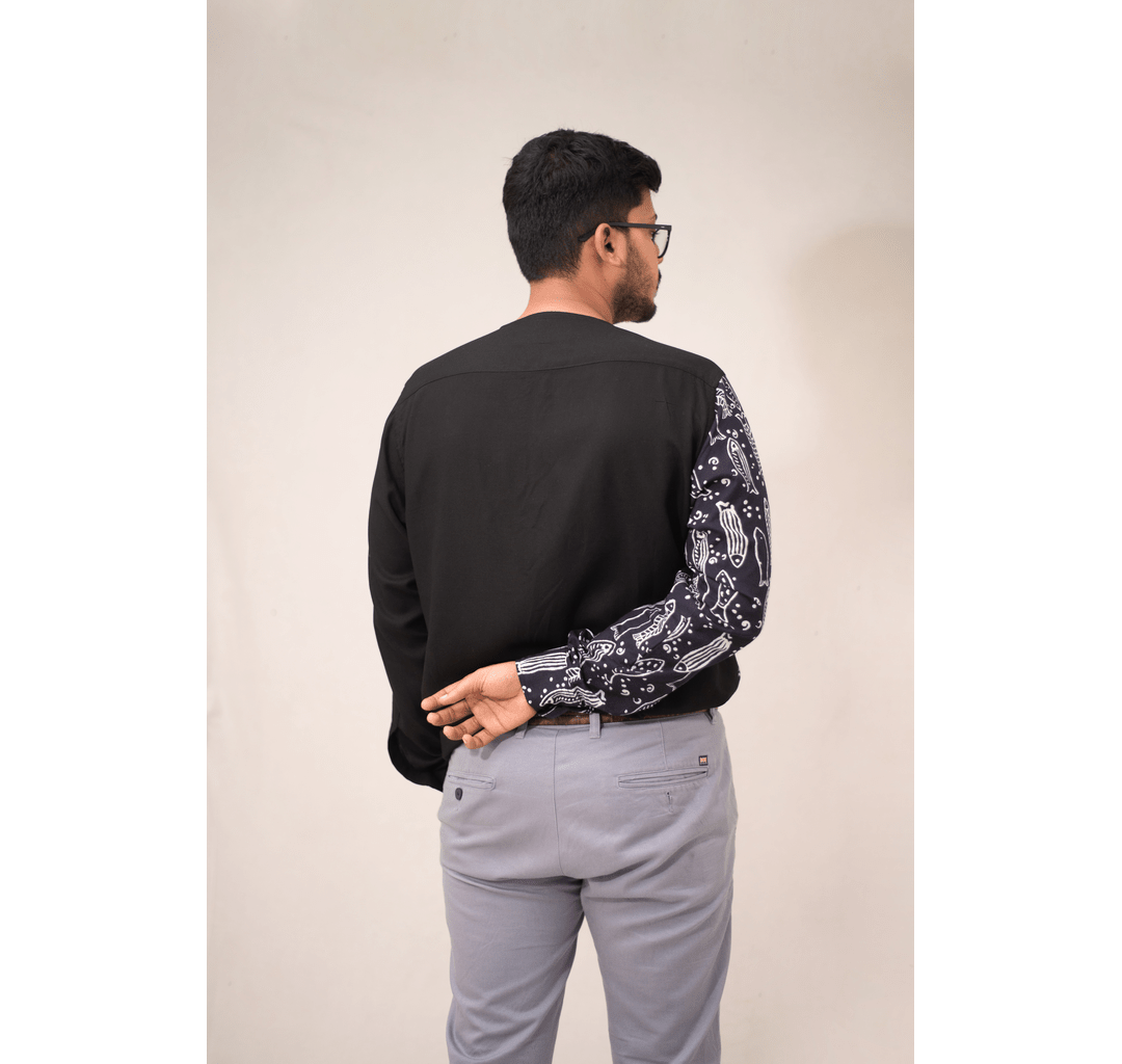 Black half and half fish printed long sleeves shirt