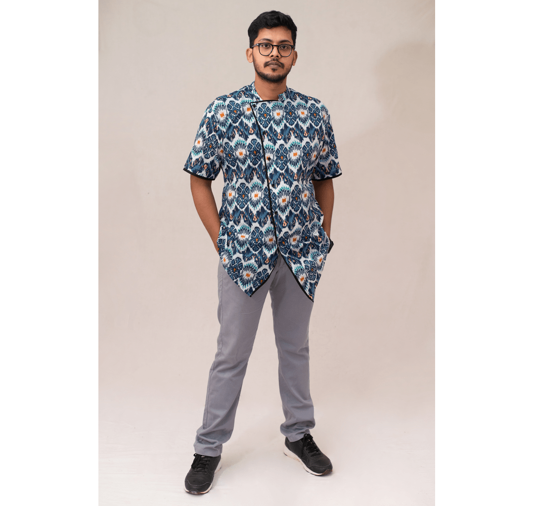 Blue all over mixed print Chinese collar short sleeved shirt with black piping