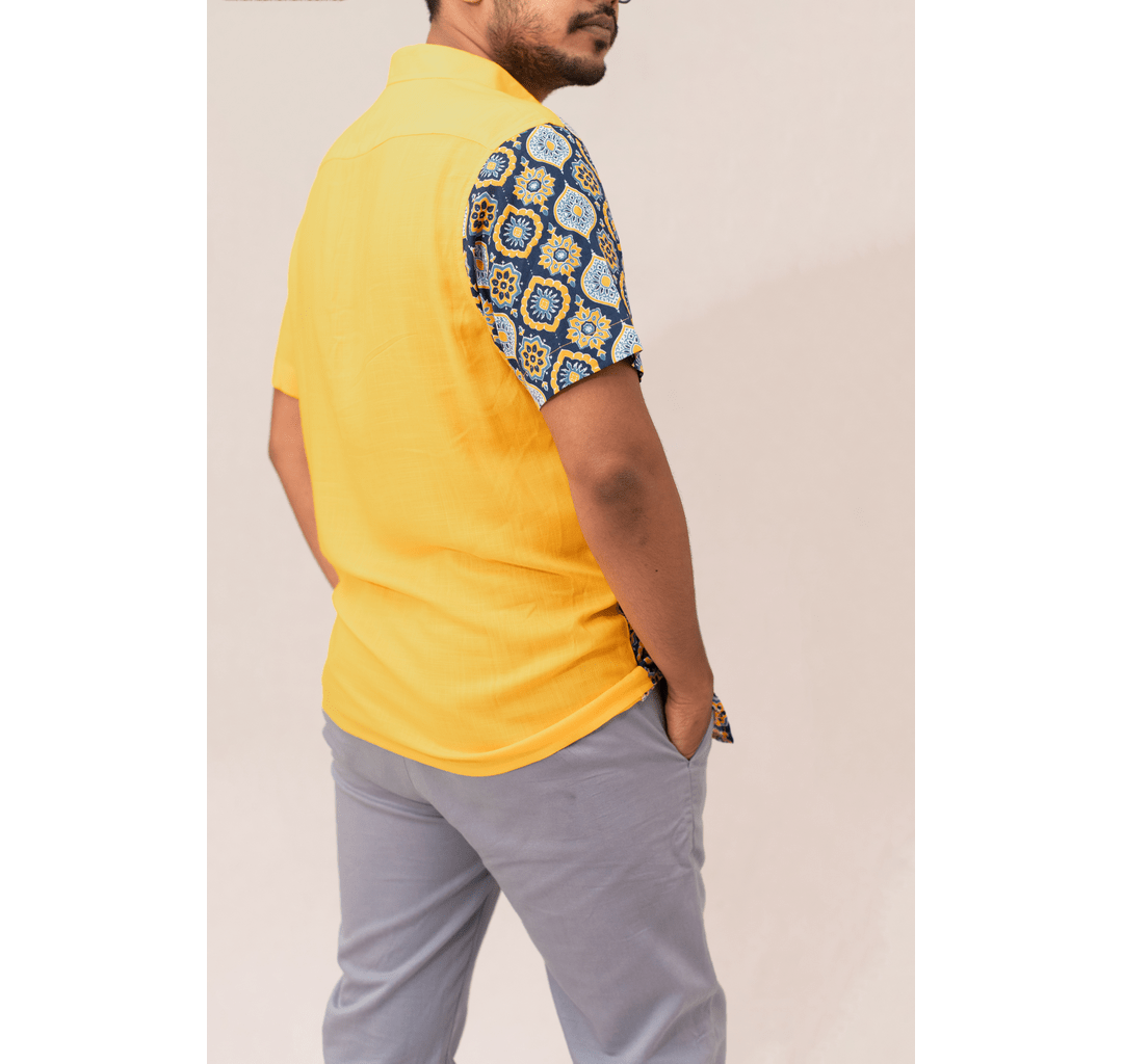 Yellow and blue half and half tiled print short sleeve shirt