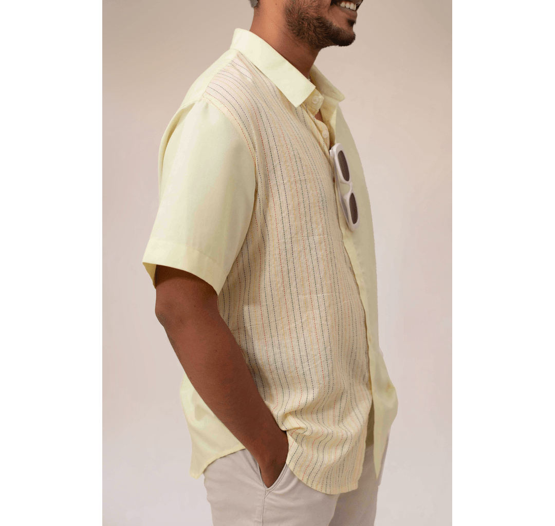 Yellow half and half plain and kantha half sleeves shirt
