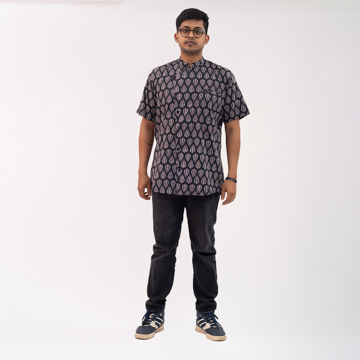Asymmetrical kantha shirt with ajrakh print
