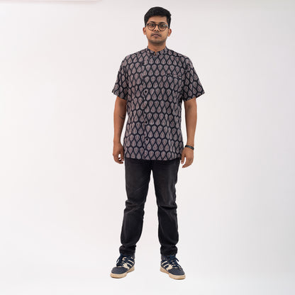 Asymmetrical kantha shirt with ajrakh print
