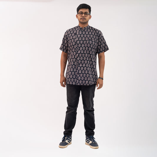 Asymmetrical kantha shirt with ajrakh print