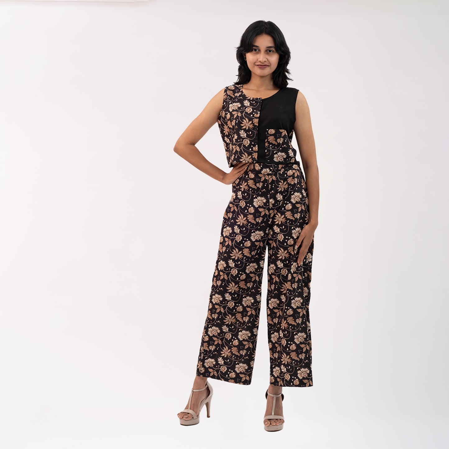 Floral Printed Pants and half n half printed crop shirt with black rayon and printed pocket