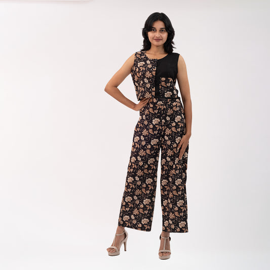 Floral Printed Pants and half n half printed crop shirt with black rayon and printed pocket