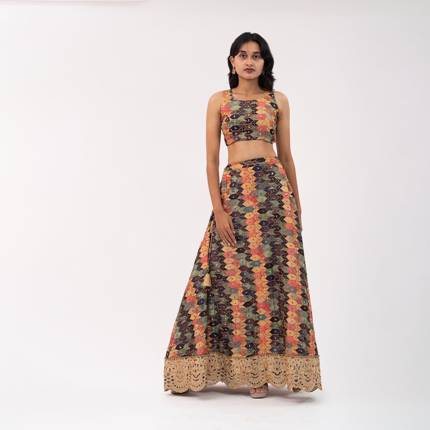 Multicoloured hand embroidered Lehenga