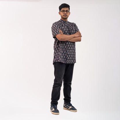 Asymmetrical kantha shirt with ajrakh print