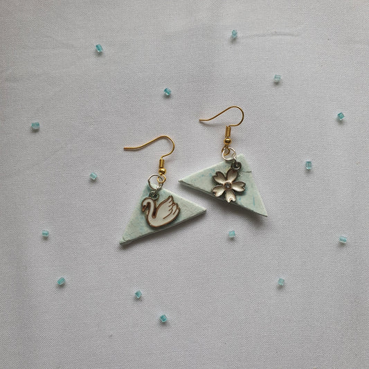 Asymmetric swan-flower earrings