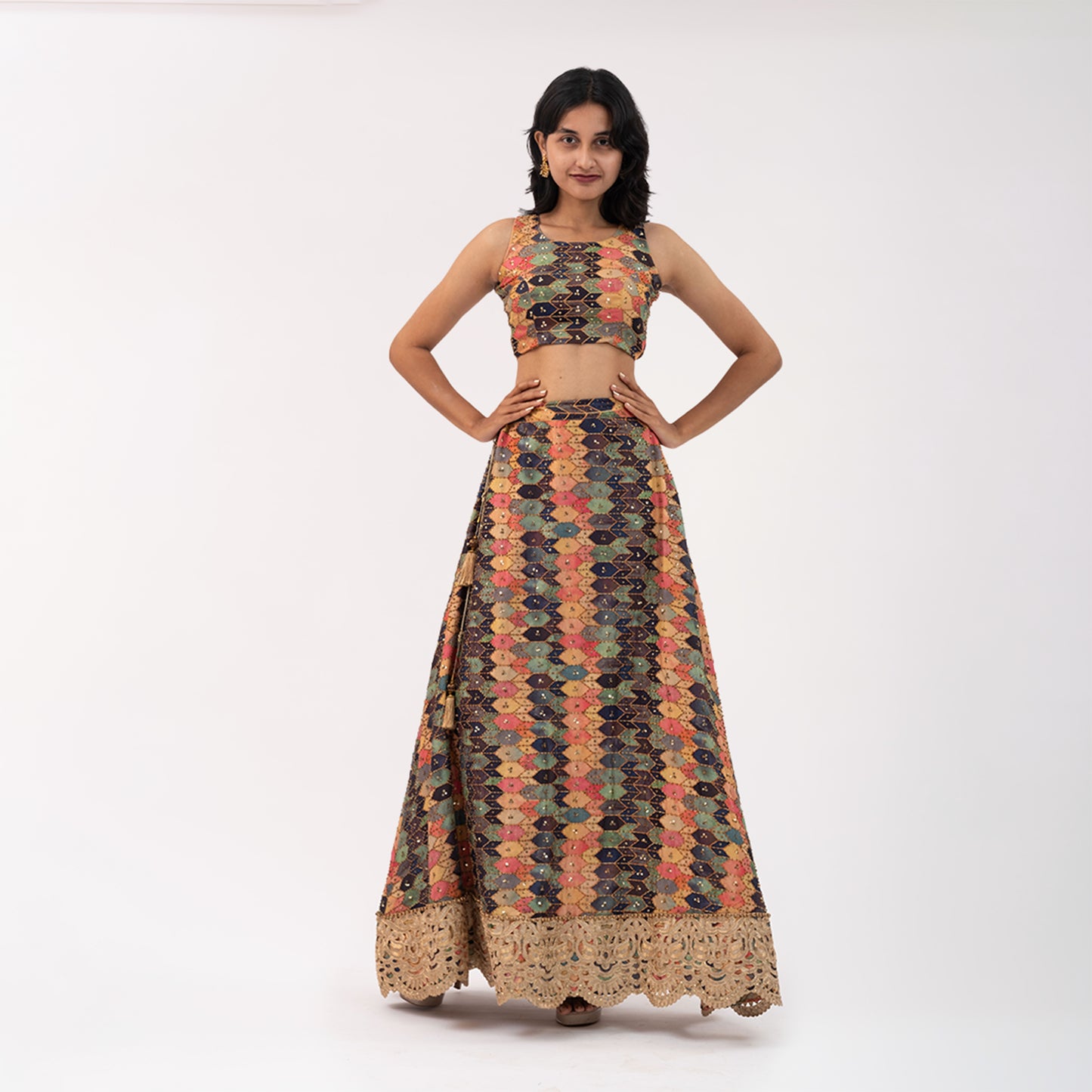 Multicoloured hand embroidered Lehenga