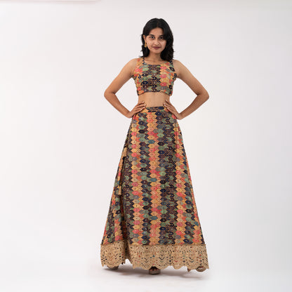 Multicoloured hand embroidered Lehenga