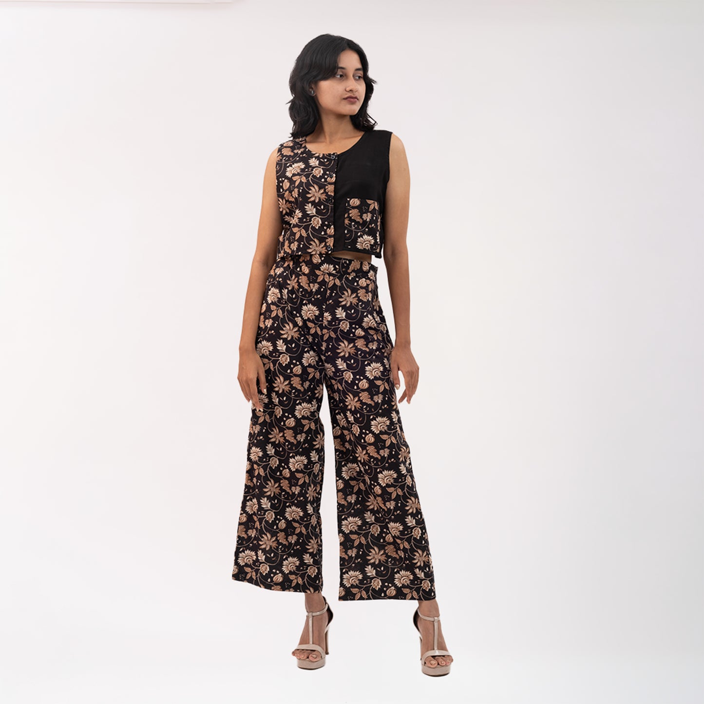 Floral Printed Pants and half n half printed crop shirt with black rayon and printed pocket