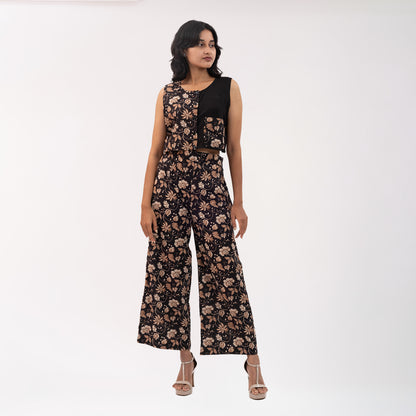 Floral Printed Pants and half n half printed crop shirt with black rayon and printed pocket