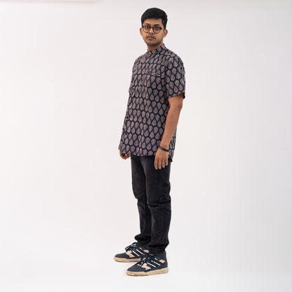 Asymmetrical kantha shirt with ajrakh print