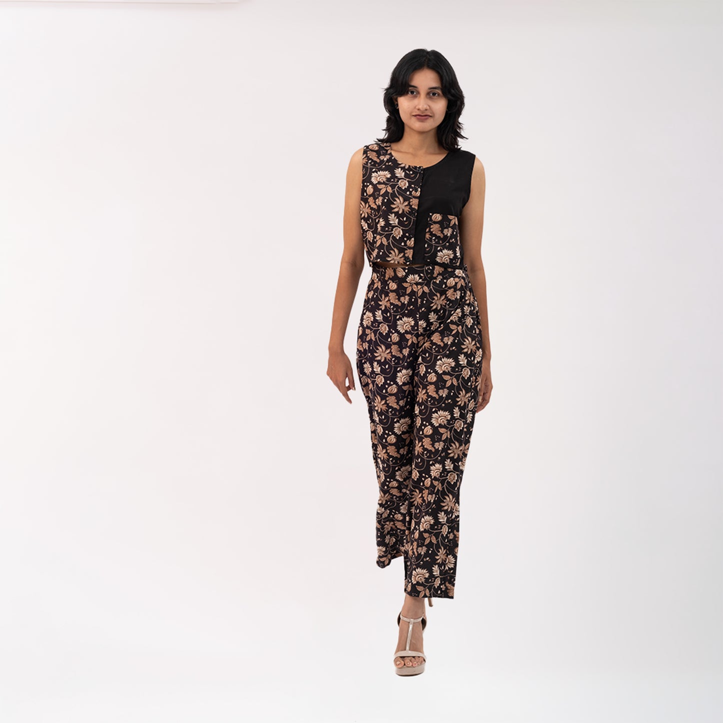 Floral Printed Pants and half n half printed crop shirt with black rayon and printed pocket