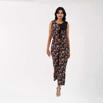 Floral Printed Pants and half n half printed crop shirt with black rayon and printed pocket