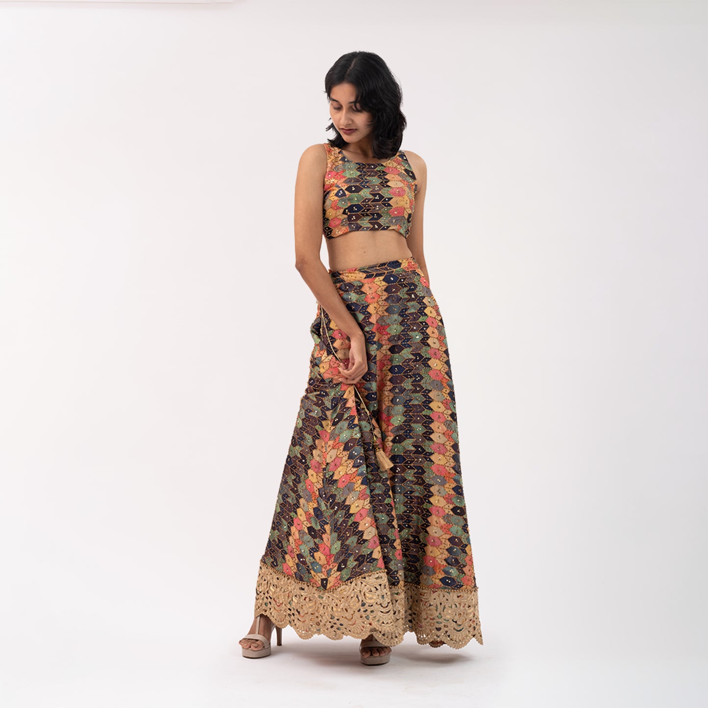 Multicoloured hand embroidered Lehenga