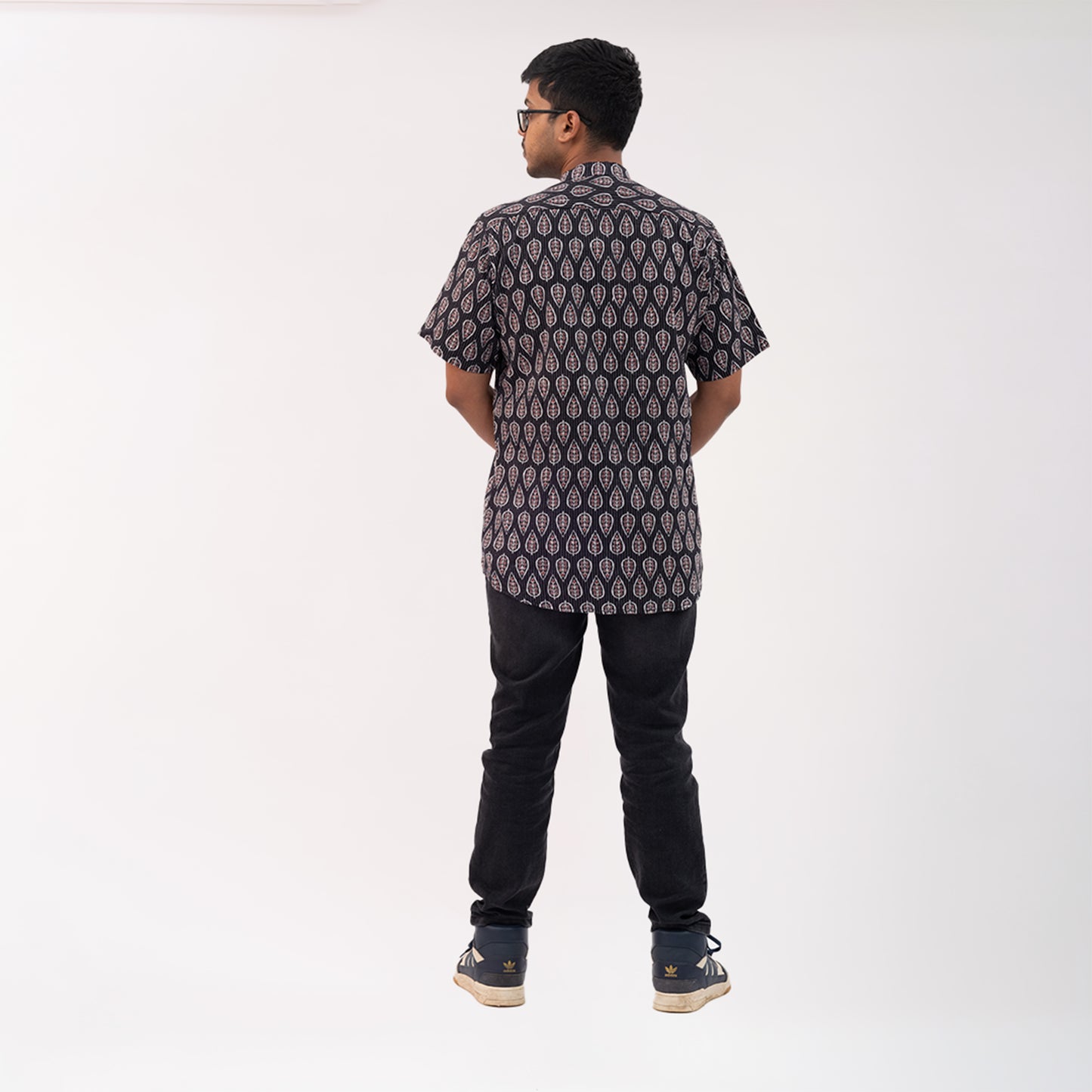 Asymmetrical kantha shirt with ajrakh print
