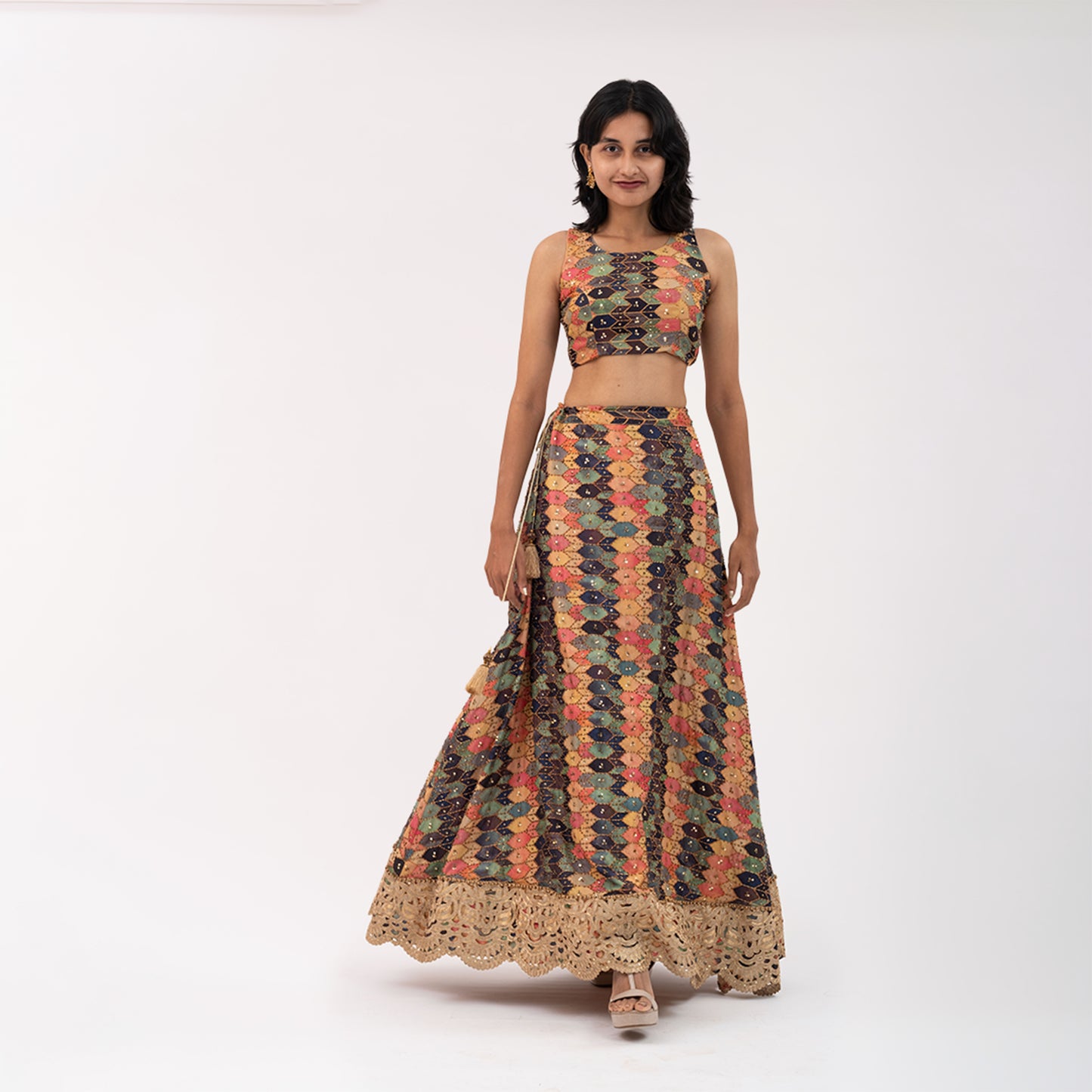 Multicoloured hand embroidered Lehenga