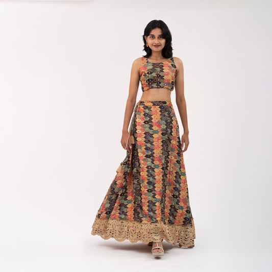 Multicoloured hand embroidered Lehenga