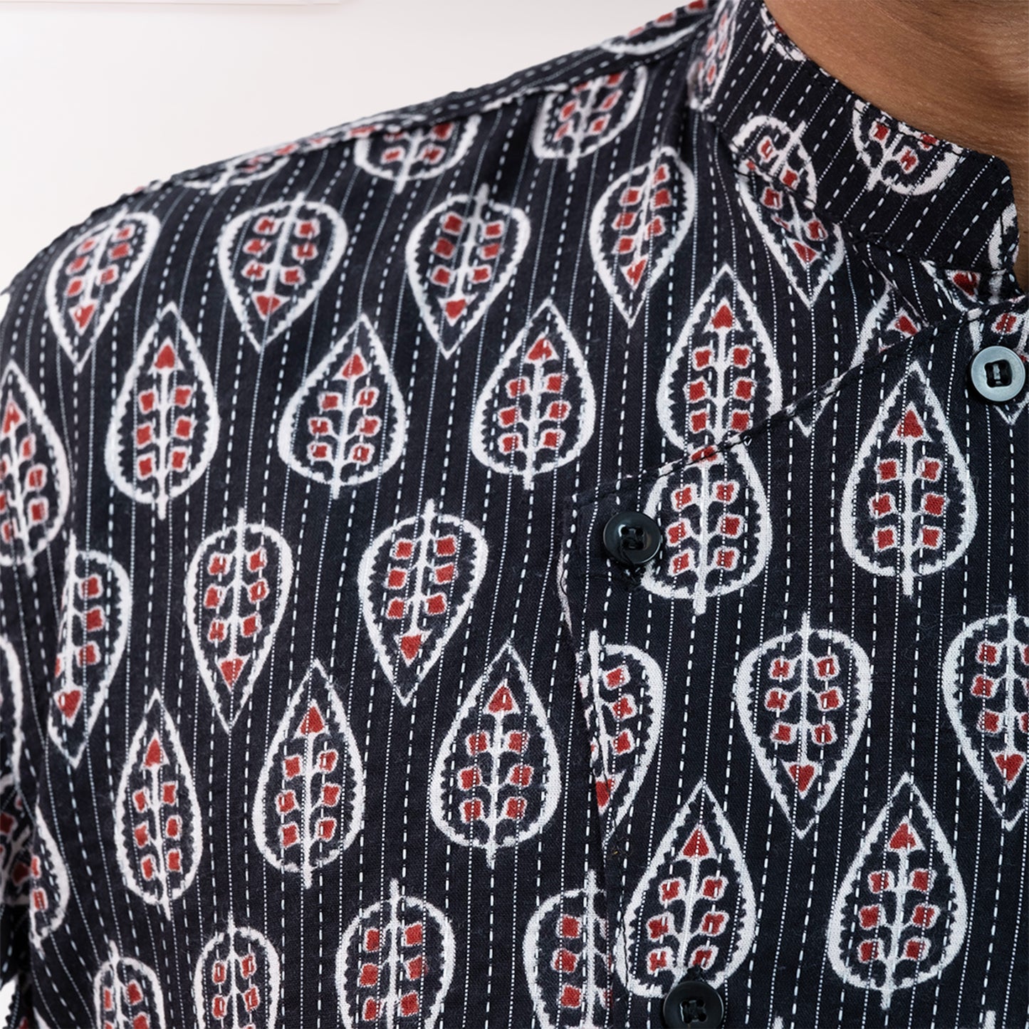 Asymmetrical kantha shirt with ajrakh print
