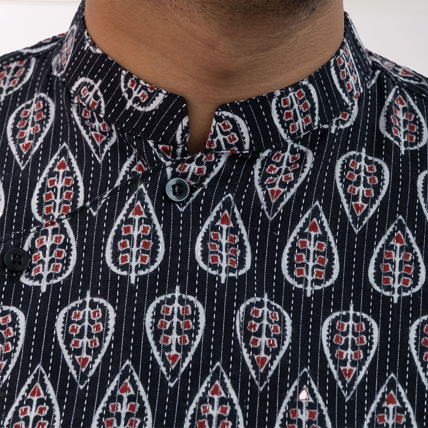 Asymmetrical kantha shirt with ajrakh print