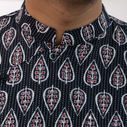 Asymmetrical kantha shirt with ajrakh print