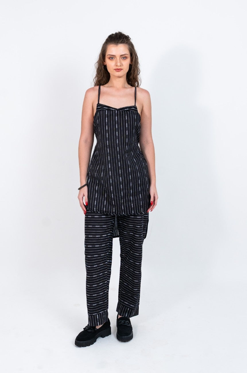 Tie up dashed and dotted black and white printed set with long pants