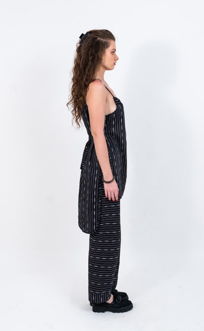 Tie up dashed and dotted black and white printed set with long pants
