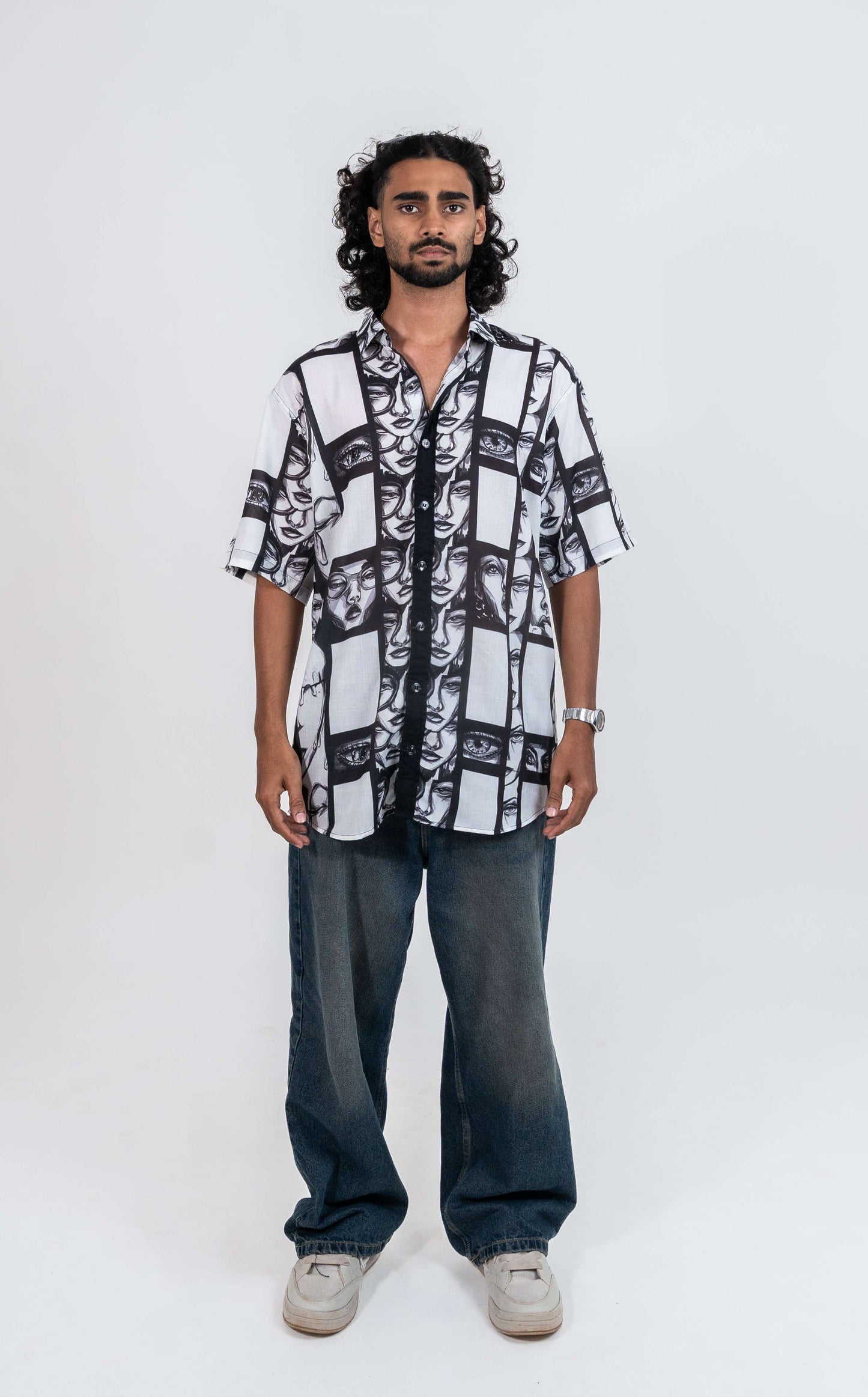 Super strips women variation 1 black and white printed shirt with normal collar, black placket and short sleeved shirt