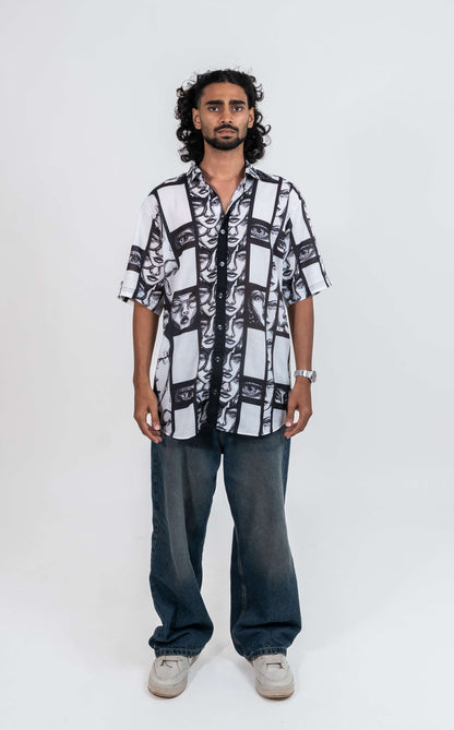 Super strips women variation 1 black and white printed shirt with normal collar, black placket and short sleeved shirt