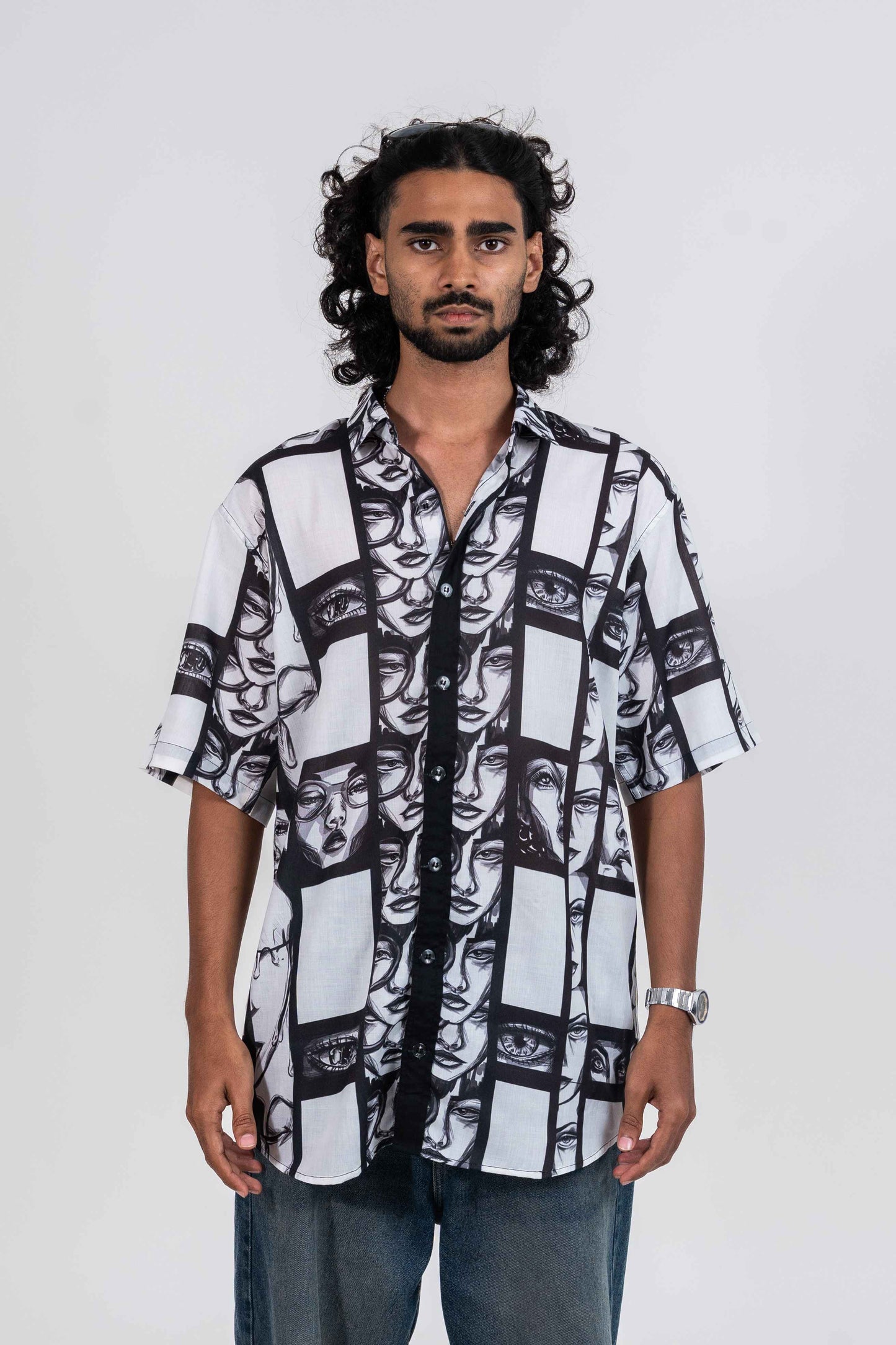 Super strips women variation 1 black and white printed shirt with normal collar, black placket and short sleeved shirt
