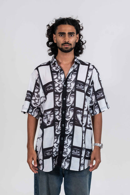 Super strips women variation 1 black and white printed shirt with normal collar, black placket and short sleeved shirt