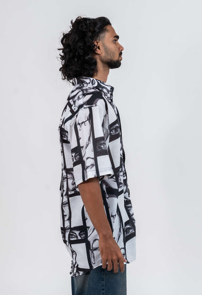 Super strips women variation 1 black and white printed shirt with normal collar, black placket and short sleeved shirt