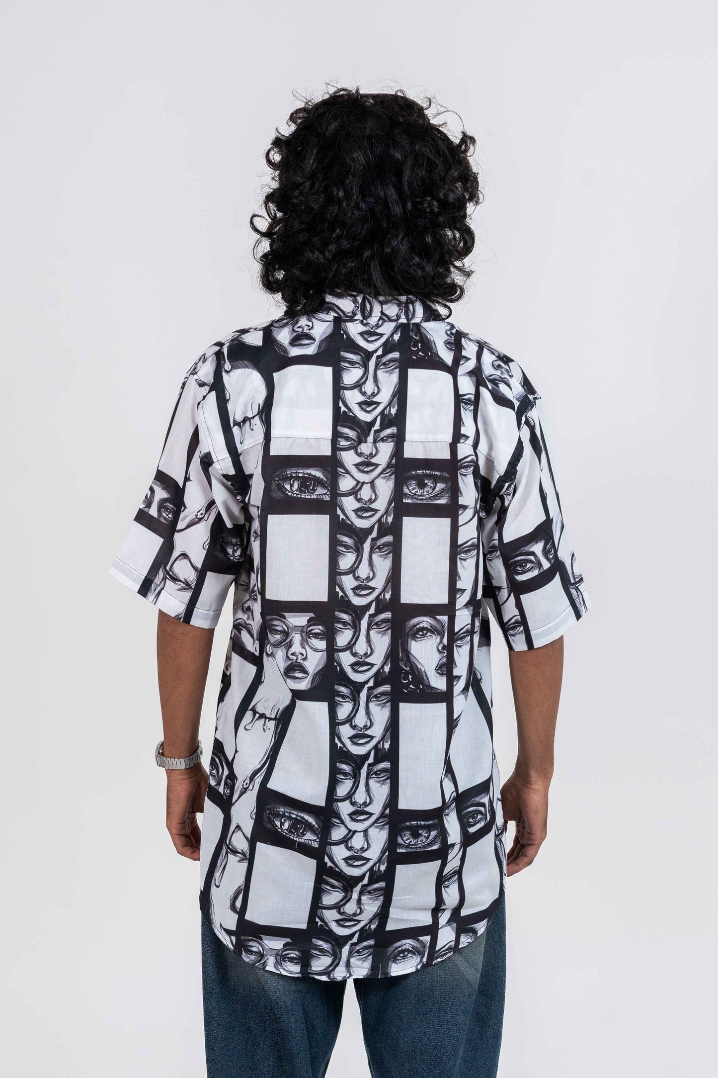 Super strips women variation 1 black and white printed shirt with normal collar, black placket and short sleeved shirt