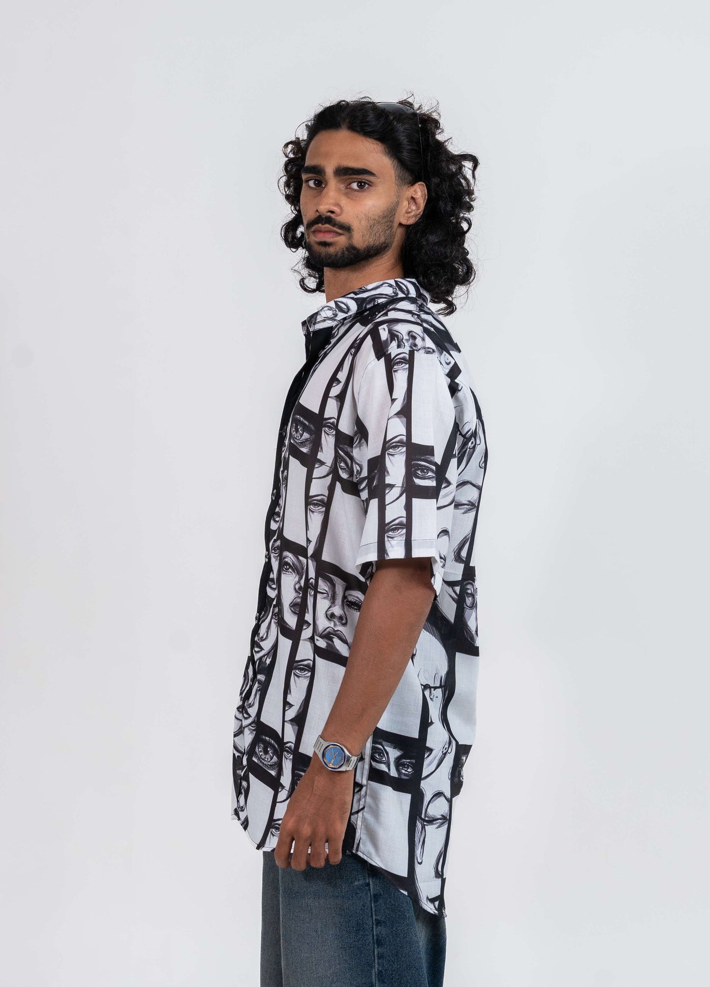 Super strips women variation 1 black and white printed shirt with normal collar, black placket and short sleeved shirt