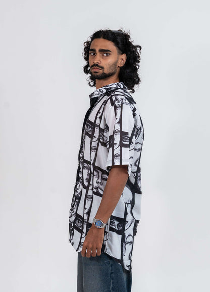 Super strips women variation 1 black and white printed shirt with normal collar, black placket and short sleeved shirt