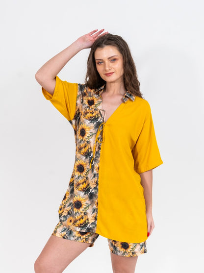 Half plain and half sunflower shirt with sunflower shorts women's coord set