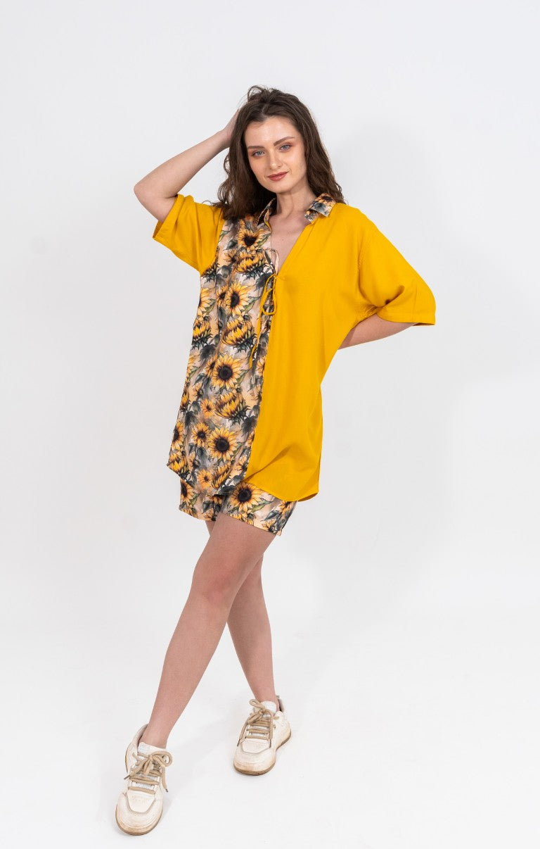 Half plain and half sunflower shirt with sunflower shorts women's coord set