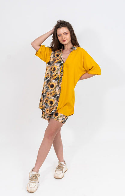 Half plain and half sunflower shirt with sunflower shorts women's coord set