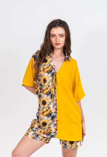 Half plain and half sunflower shirt with sunflower shorts women's coord set