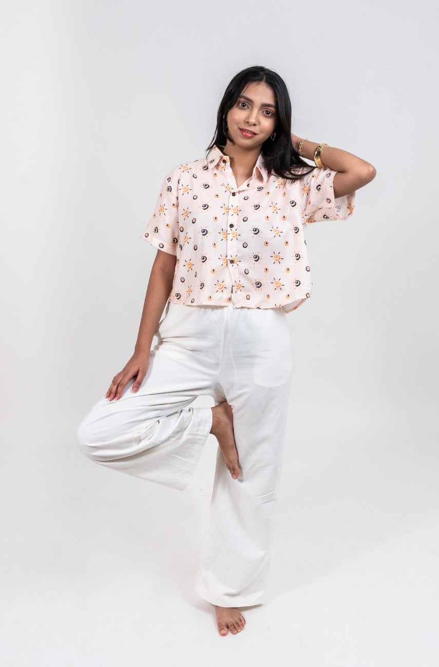 Cropped women's shirt in GBS Sunrays print with short sleeves