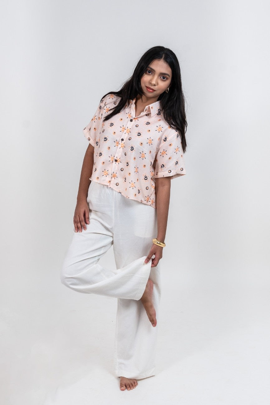 Cropped women's shirt in GBS Sunrays print with short sleeves