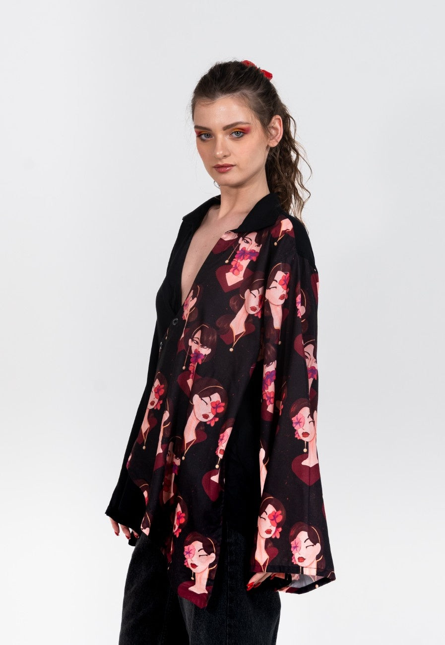Deep neck collared half and half black shirt with Eastern Belle variation 1 print flap