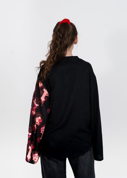 Deep neck collared half and half black shirt with Eastern Belle variation 1 print flap
