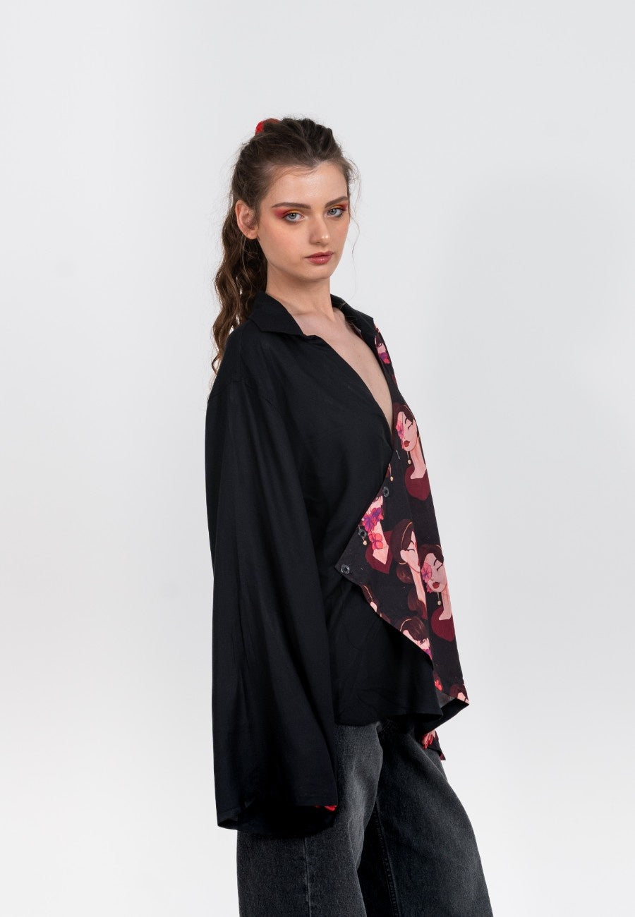 Deep neck collared half and half black shirt with Eastern Belle variation 1 print flap